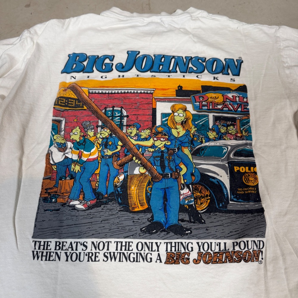 Vintage 1995 Big Johnson Nightsticks Police Graphic T-Shirt White Single Stitch